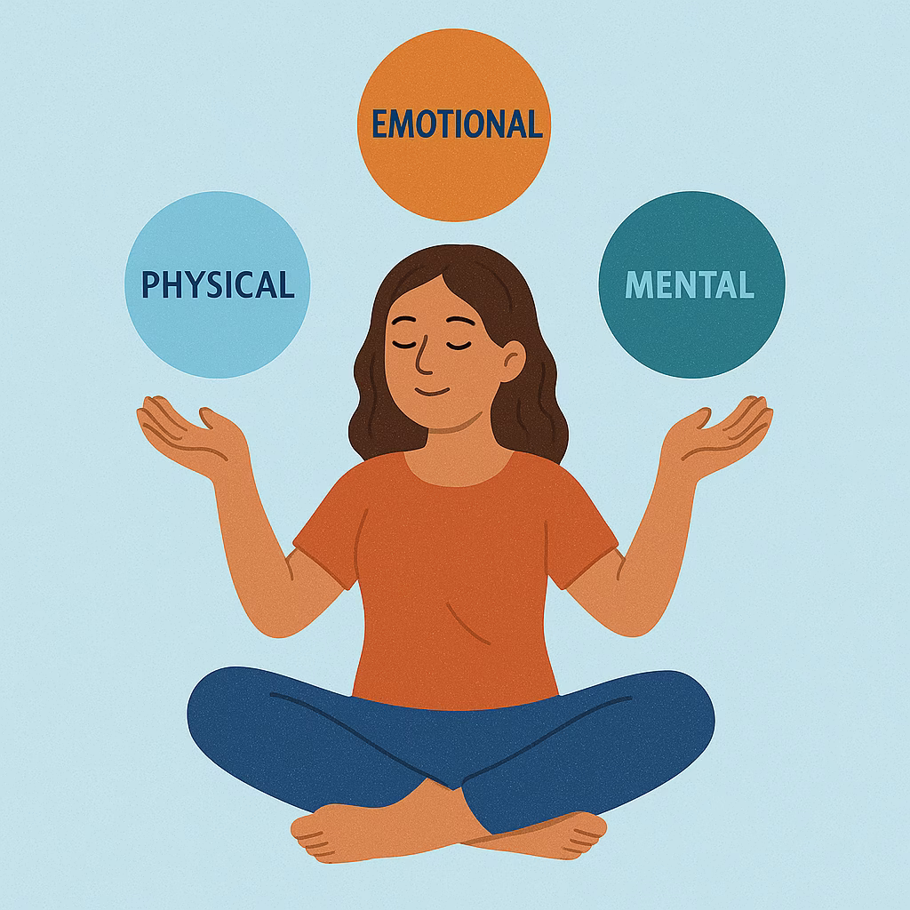 Illustration of a woman meditating in lotus position, balancing physical, mental, and emotional health represented by floating labeled circles—symbolizing holistic wellness and self-care.