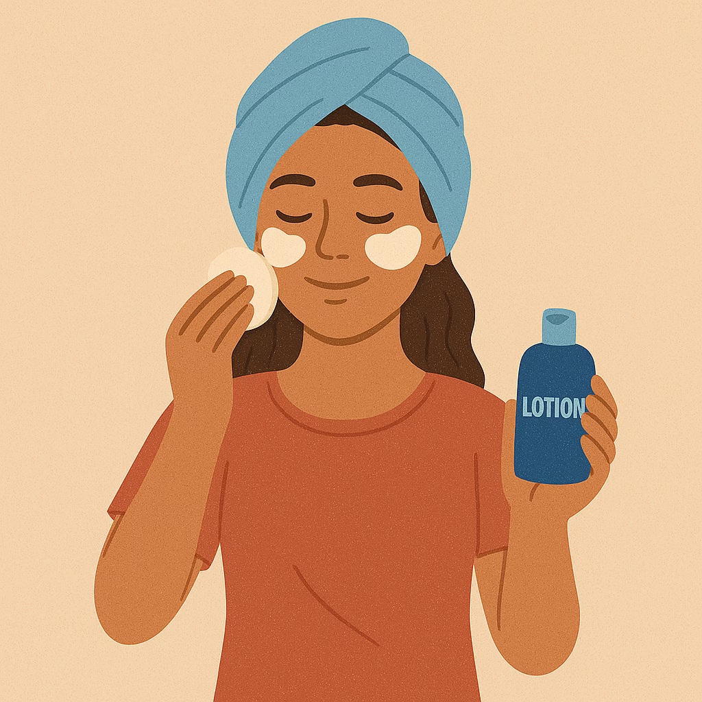 Illustration of a woman practicing self-care with a towel wrapped around her head, applying lotion with a cotton pad—symbolizing relaxation, personal wellness, and holistic mental health support.