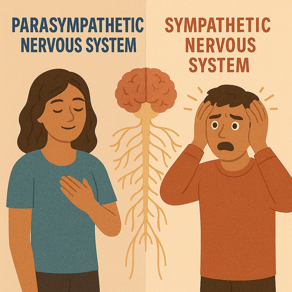 Illustration comparing the parasympathetic and sympathetic nervous systems, showing a calm woman representing relaxation and a stressed man representing fight-or-flight response, with a stylized brain and spinal cord in the center.
