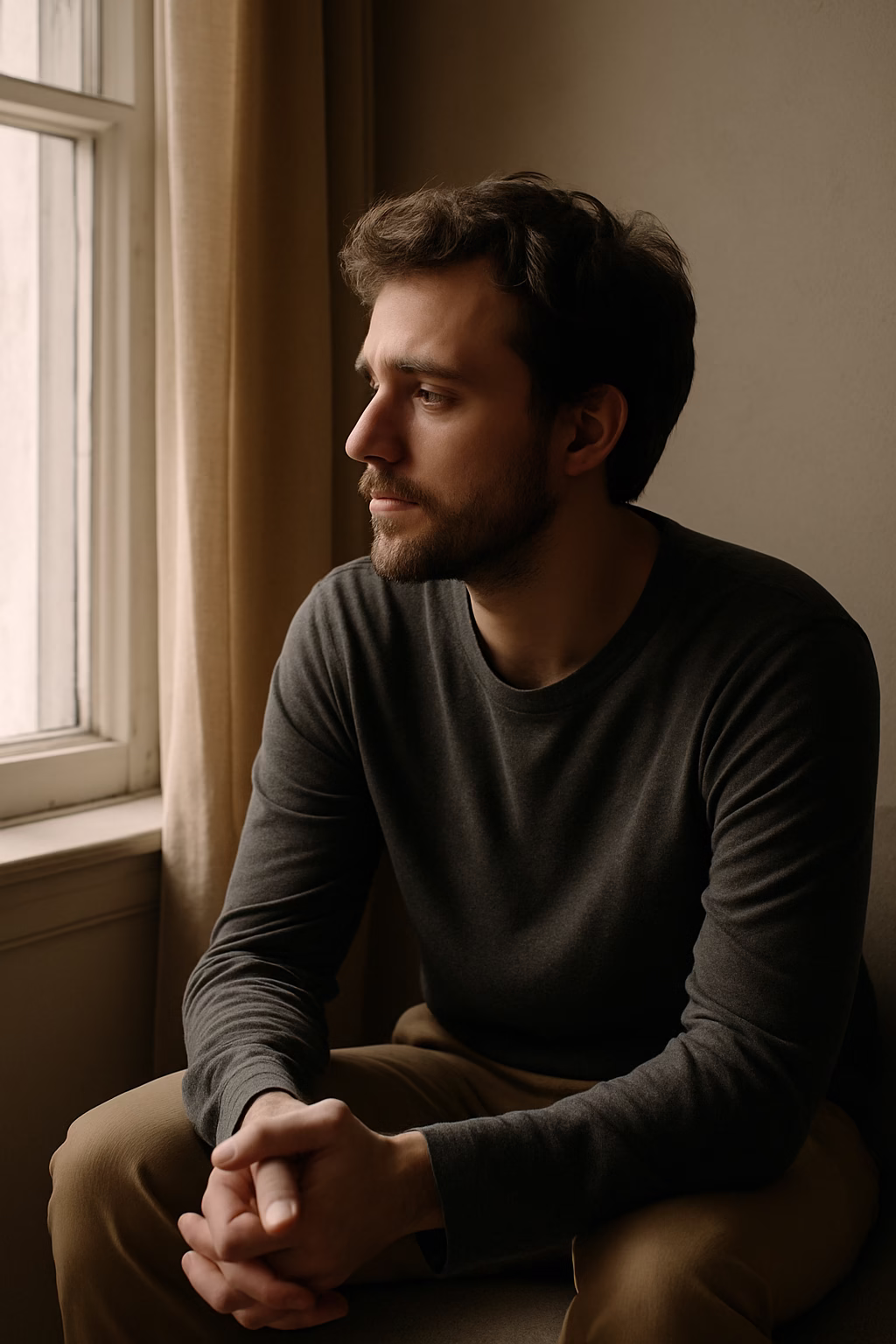 A person sits quietly in a sunlit room, reflecting, representing emotional trauma and healing.