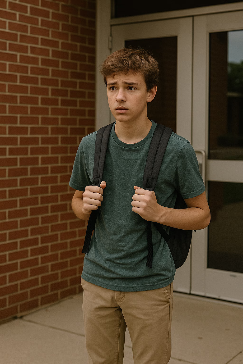 A student stands at the school entrance, looking anxious about the first day back.