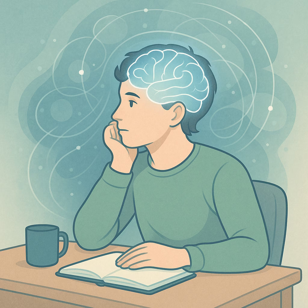 Digital illustration of a person calmly sitting at a desk with a softly glowing brain symbol above their head, surrounded by blue and green abstract neural patterns—representing focus, creativity, and acceptance in the ADHD brain.