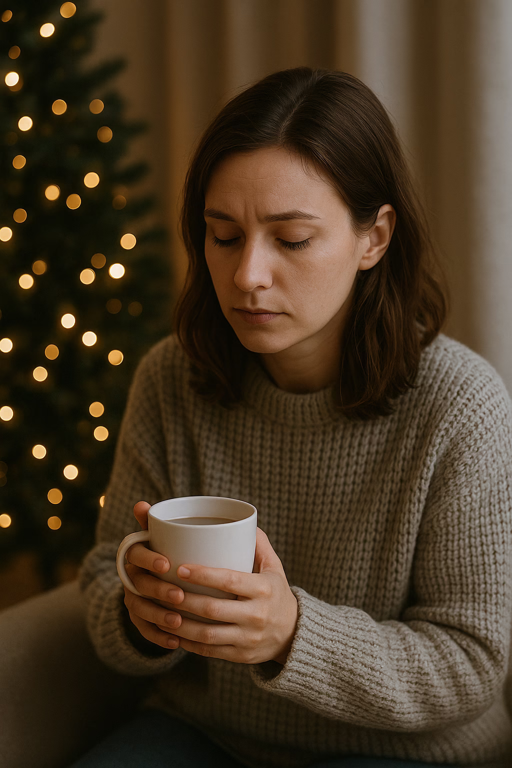 A woman sitting quietly with a warm drink near soft holiday lights, reflecting stress and anxiety during the holiday season.