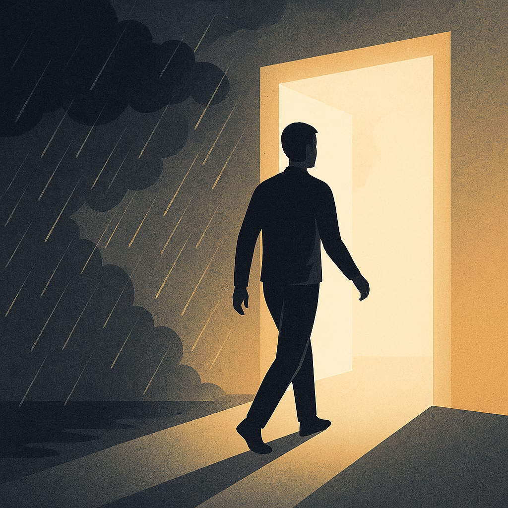 A person walking from darkness into a glowing doorway, symbolizing healing, hope, and emotional release through EMDR therapy for trauma recovery.