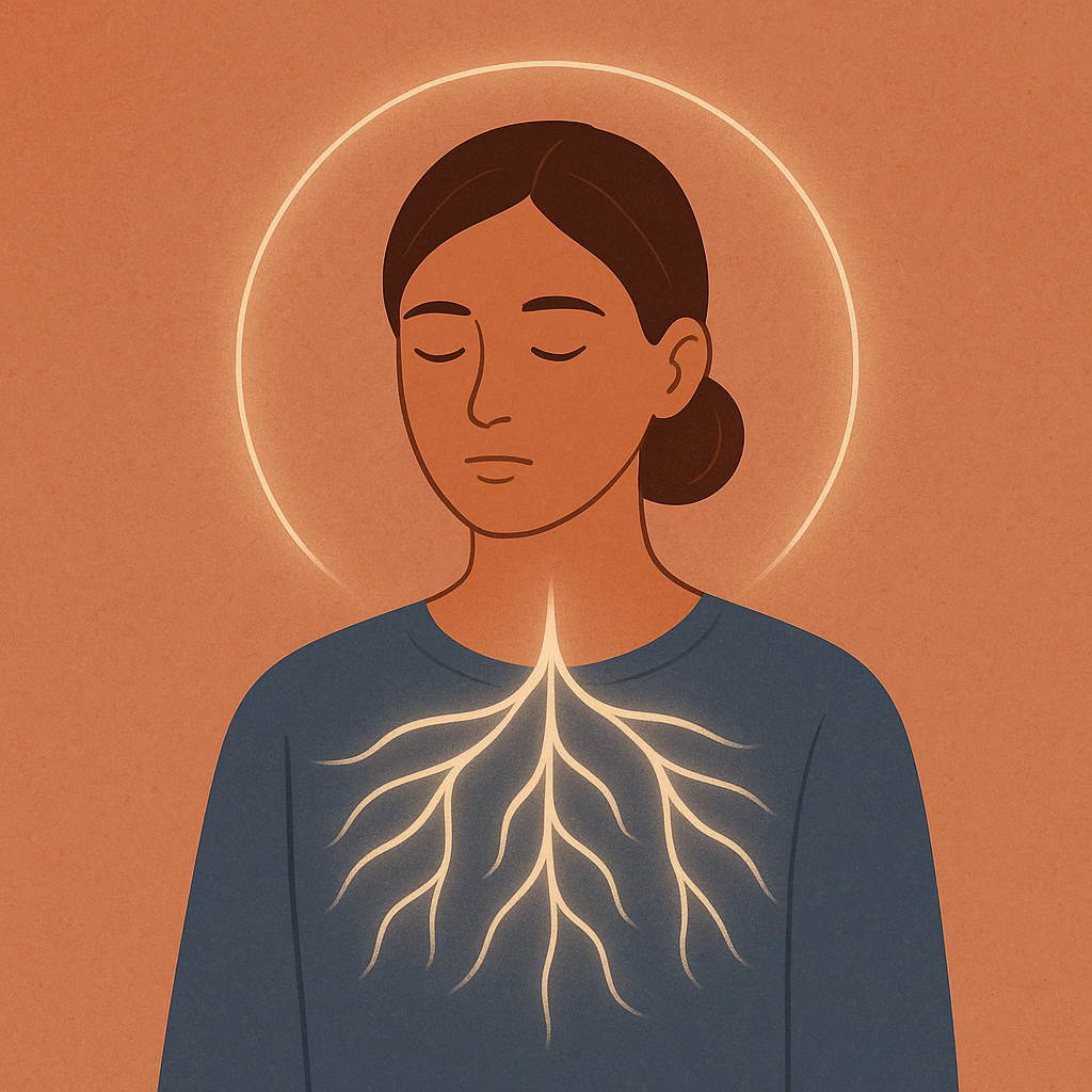 An illustration of a calm person with glowing lines resembling nervous system pathways across the chest, symbolizing how trauma affects and heals within the nervous system.