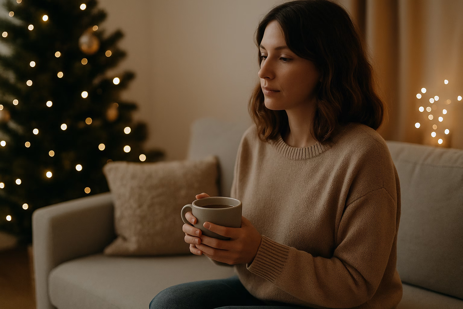 A woman sitting alone with a warm mug in a softly lit room decorated for the holidays, symbolizing the peace and emotional protection that healthy boundaries can provide.