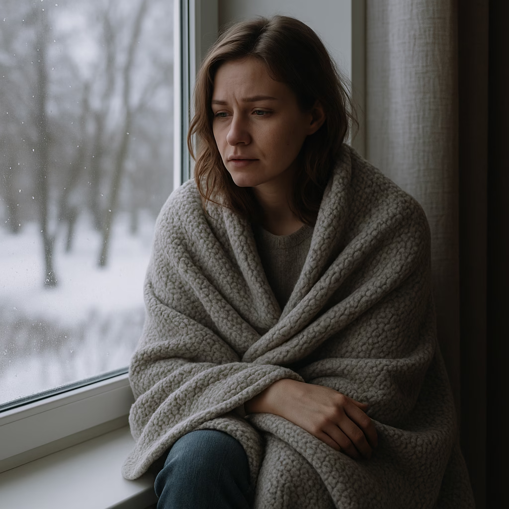 A woman wrapped in a blanket sitting by a window on a snowy winter day, reflecting the feelings of sadness and isolation associated with seasonal depression.