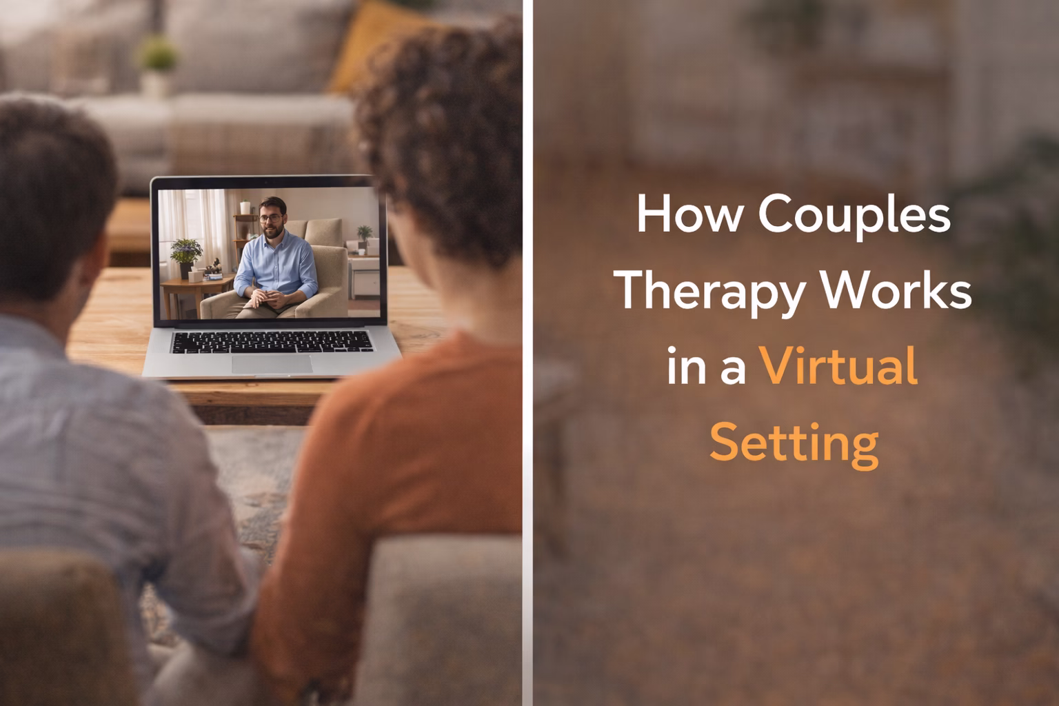 A couple participating in couples therapy through a secure video session with a therapist, illustrating how virtual couples counseling works in an online setting.