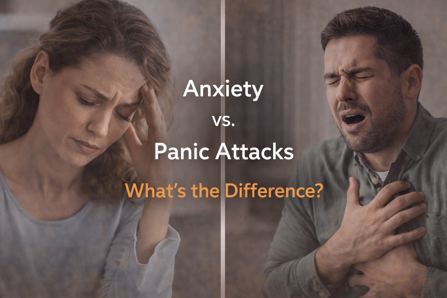 A split image showing symptoms of anxiety and panic attacks side by side, helping explain the difference between anxiety and panic attacks.