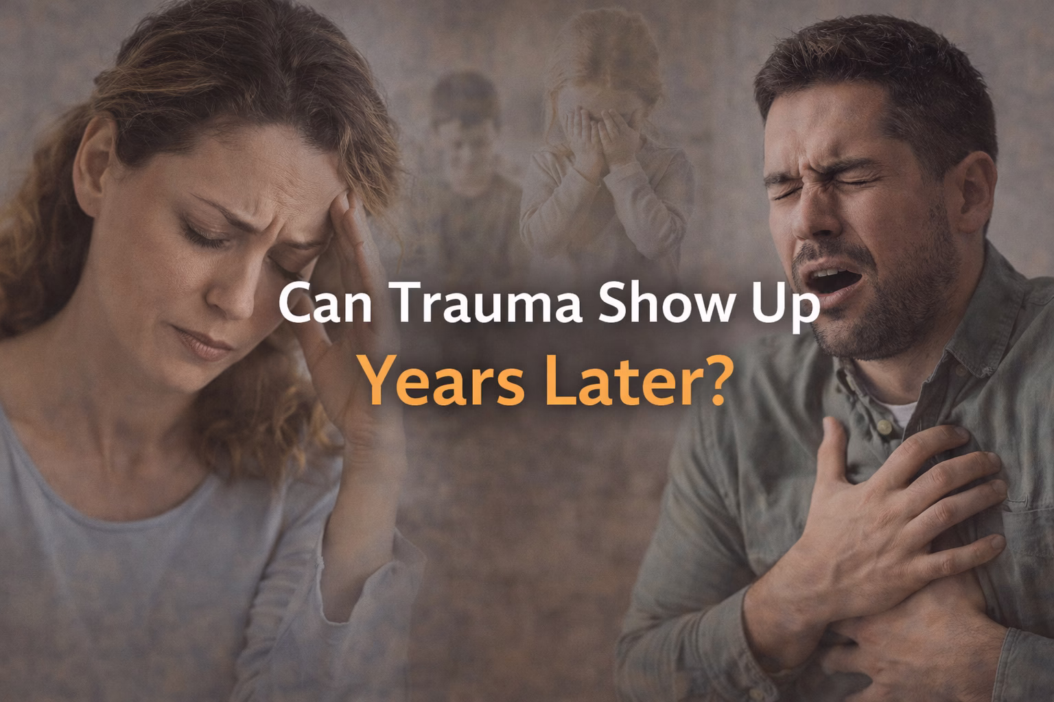 “A split image showing a calm adult on one side and a younger version on the other, symbolizing how unresolved trauma can surface years later.