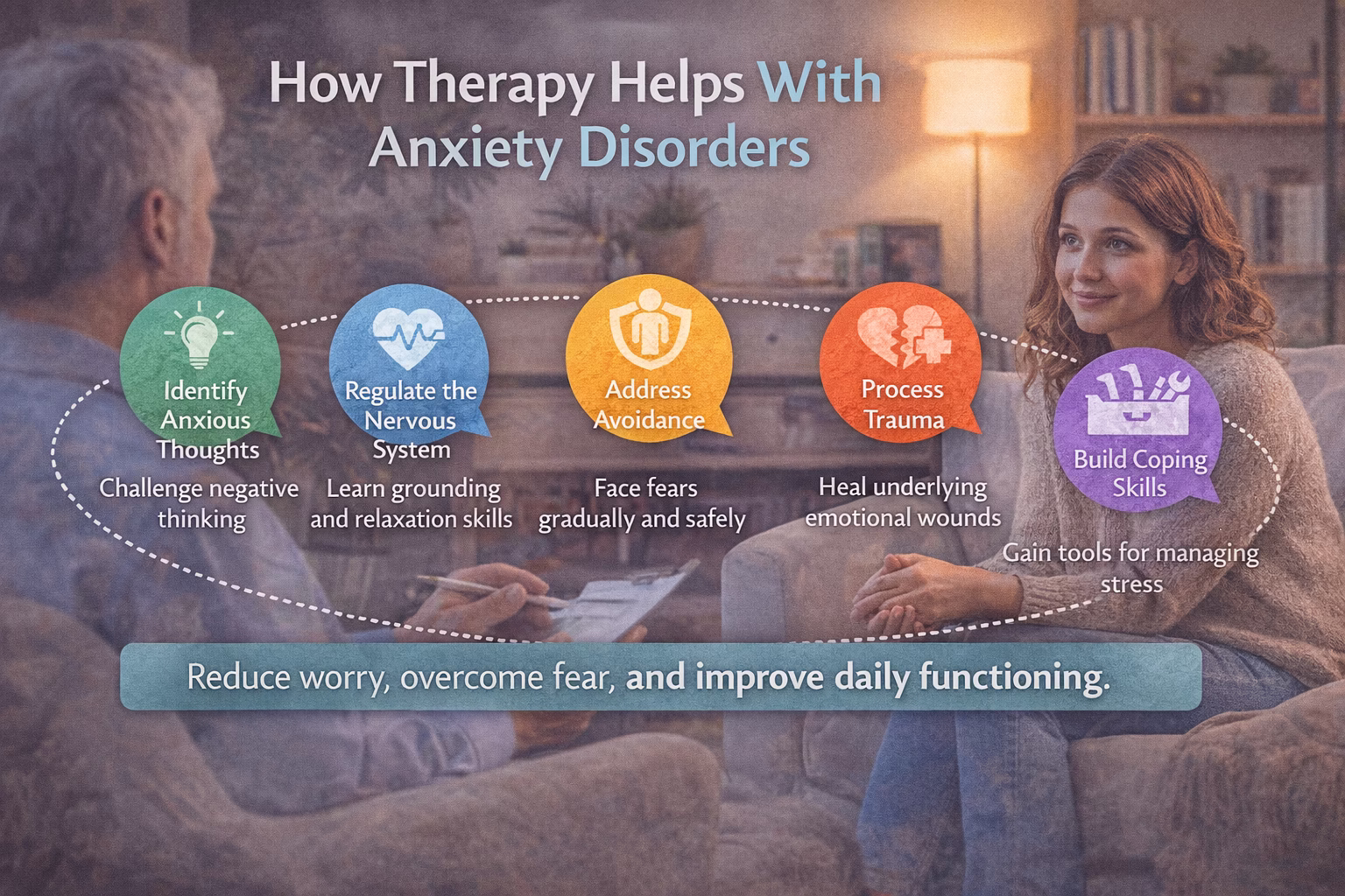 An infographic titled ‘How Therapy Helps With Anxiety Disorders’ explaining how counseling supports anxiety, panic attacks, and stress management.