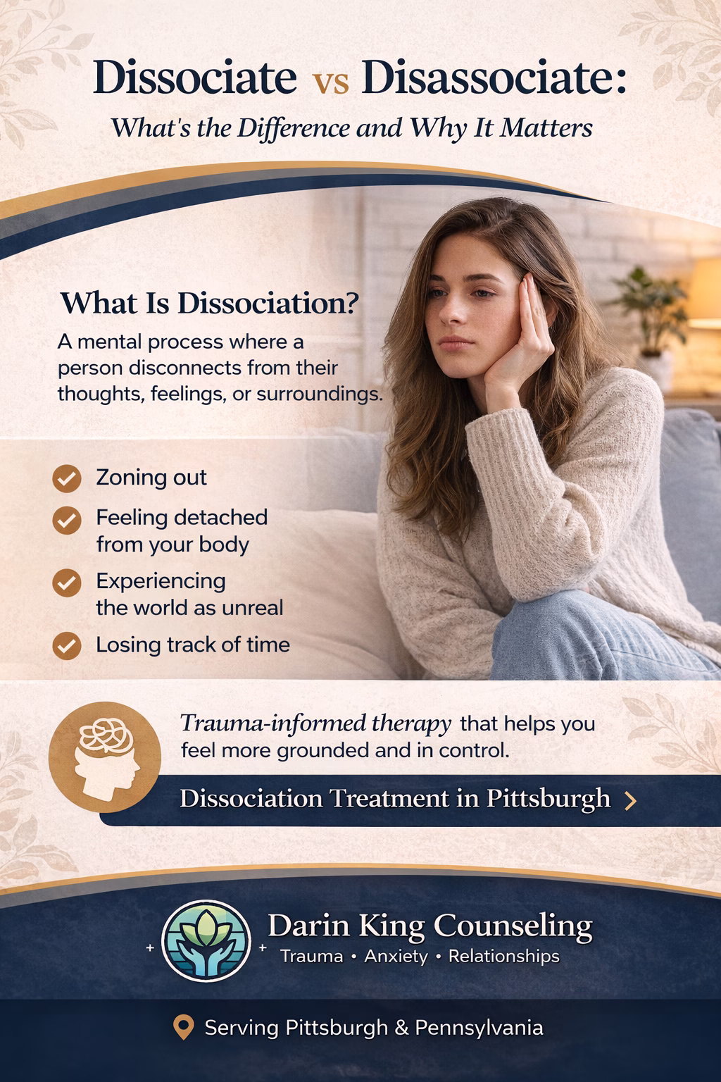 Dissociate vs disassociate explained with signs of dissociation and therapy support in Pittsburgh