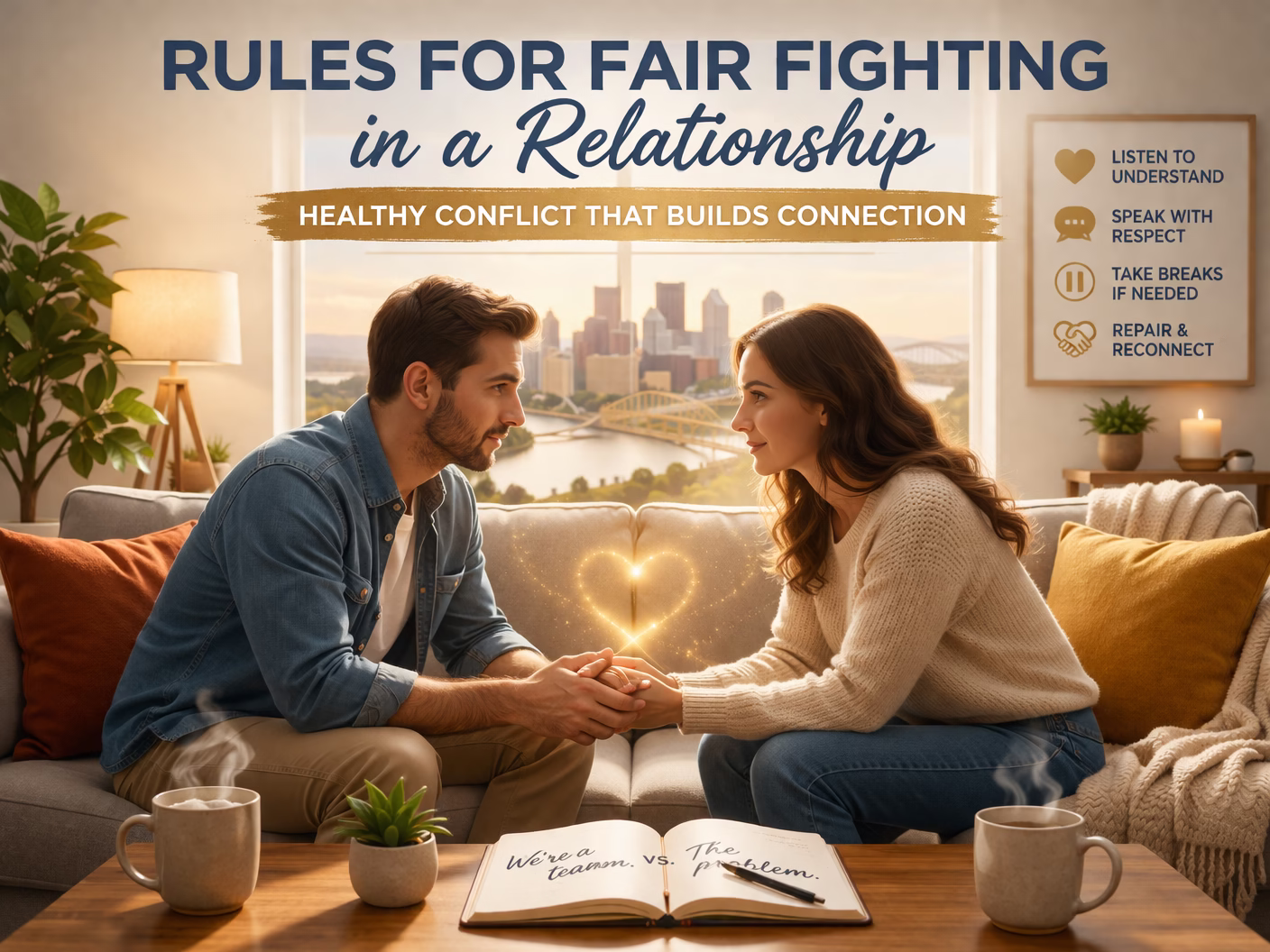 Couple communicating calmly using healthy conflict strategies in a relationship