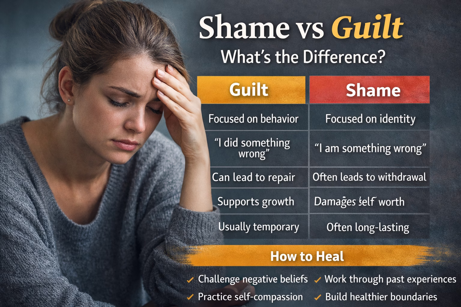 Shame vs guilt differences comparison identity vs behavior and how to heal