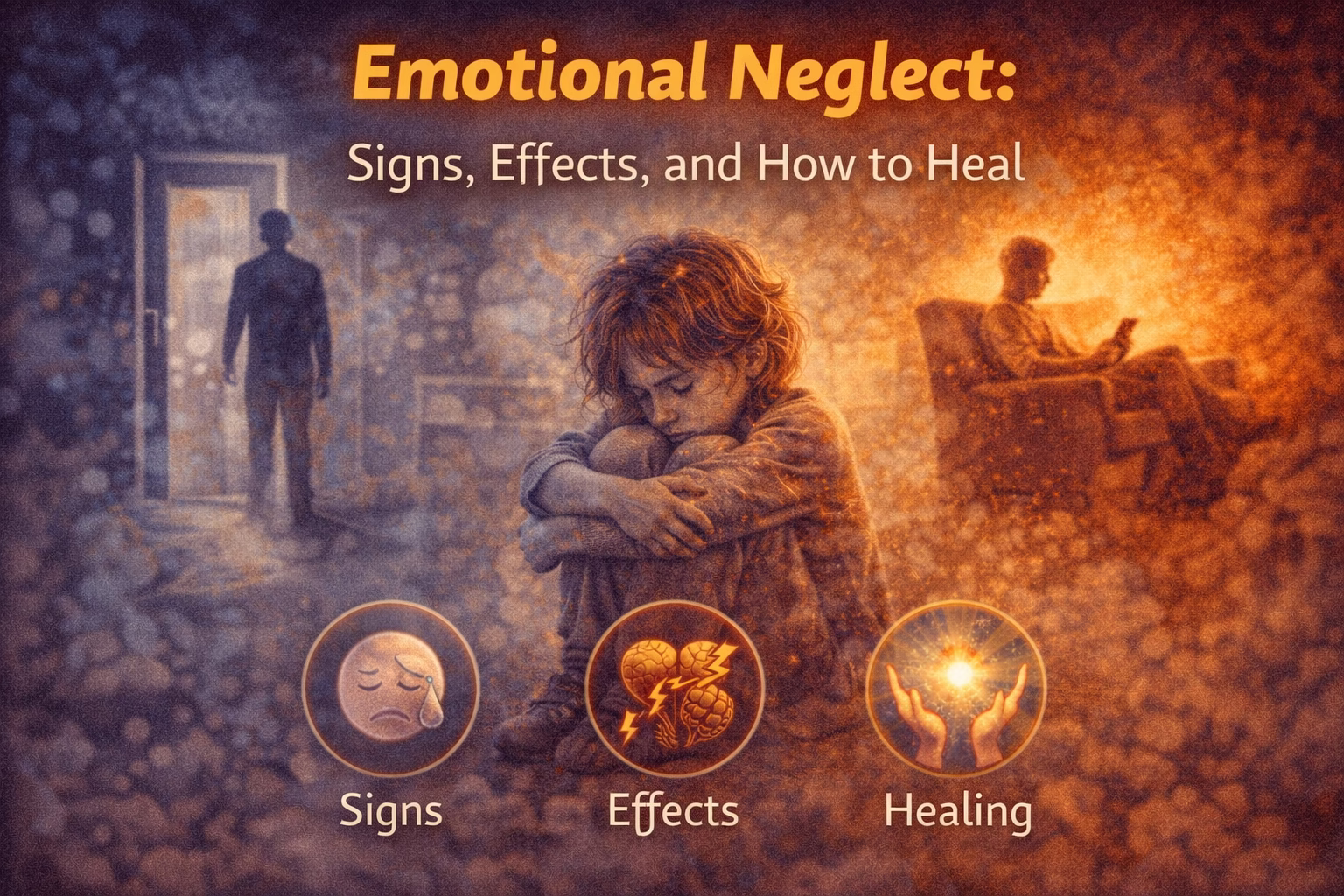 Illustration of a child feeling alone and unseen with distant caregivers, representing emotional neglect, its effects, and the path to healing