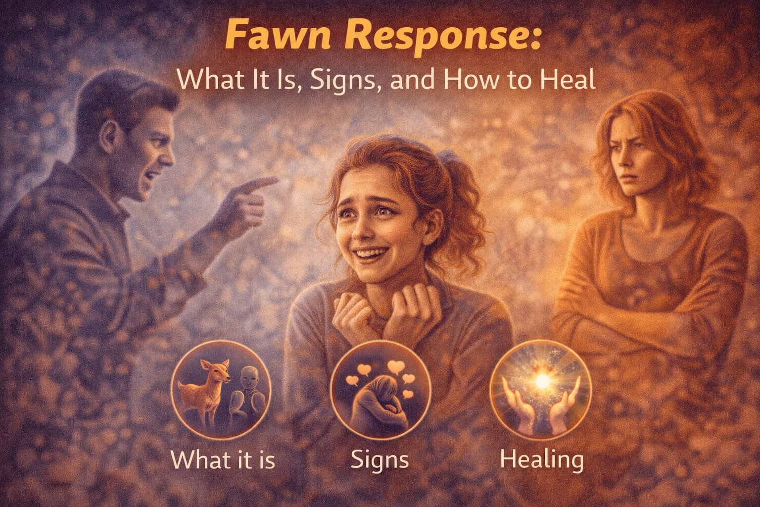Illustration of a person people-pleasing and seeking approval in a tense interaction, representing the fawn trauma response, its signs, and the process of healing