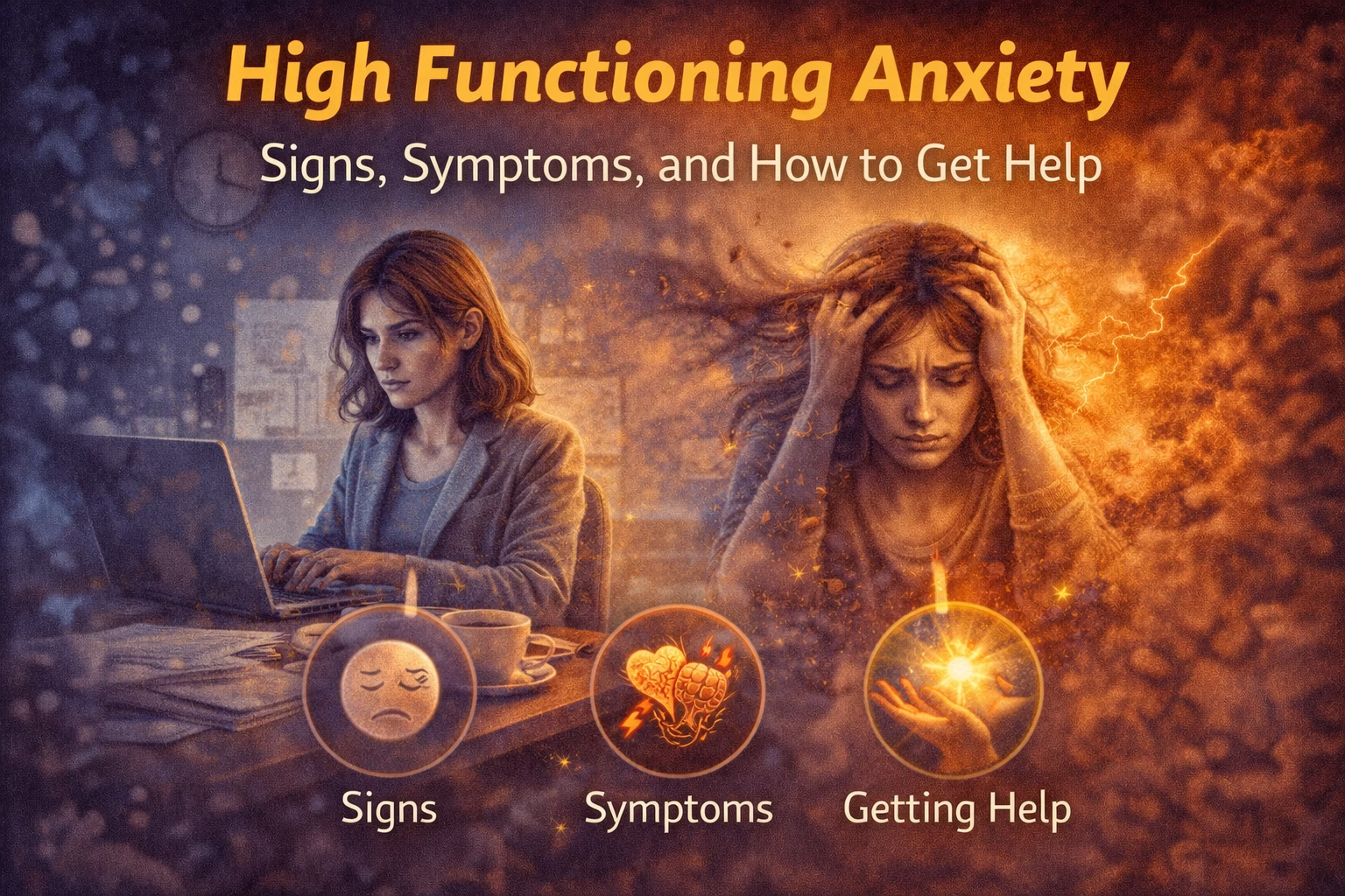 Illustration of a person appearing productive on the outside while experiencing internal stress and overwhelm, representing high functioning anxiety and its symptoms
