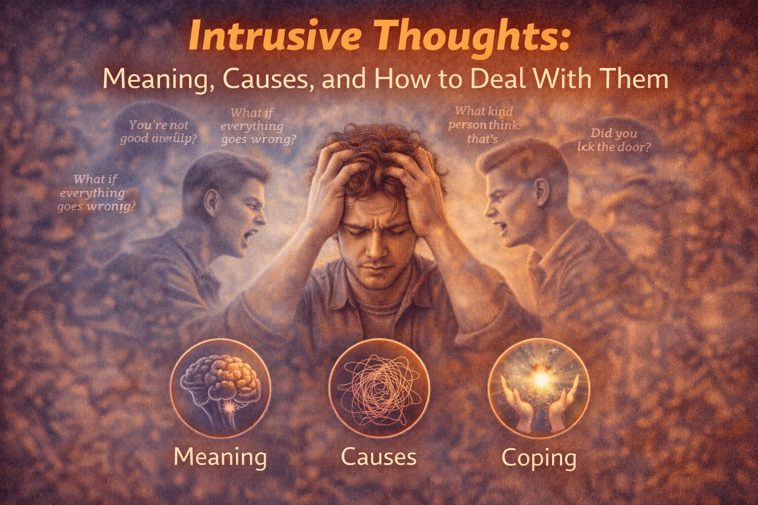 Illustration of a person overwhelmed by distressing thoughts, representing intrusive thoughts, their causes, and strategies for coping and managing them