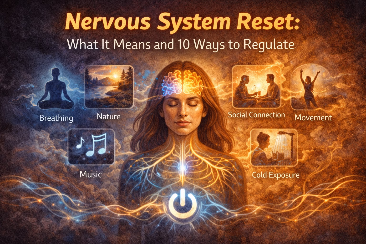 Illustration of a calm person with a glowing nervous system and icons representing breathing, nature, movement, and relaxation techniques for nervous system regulation