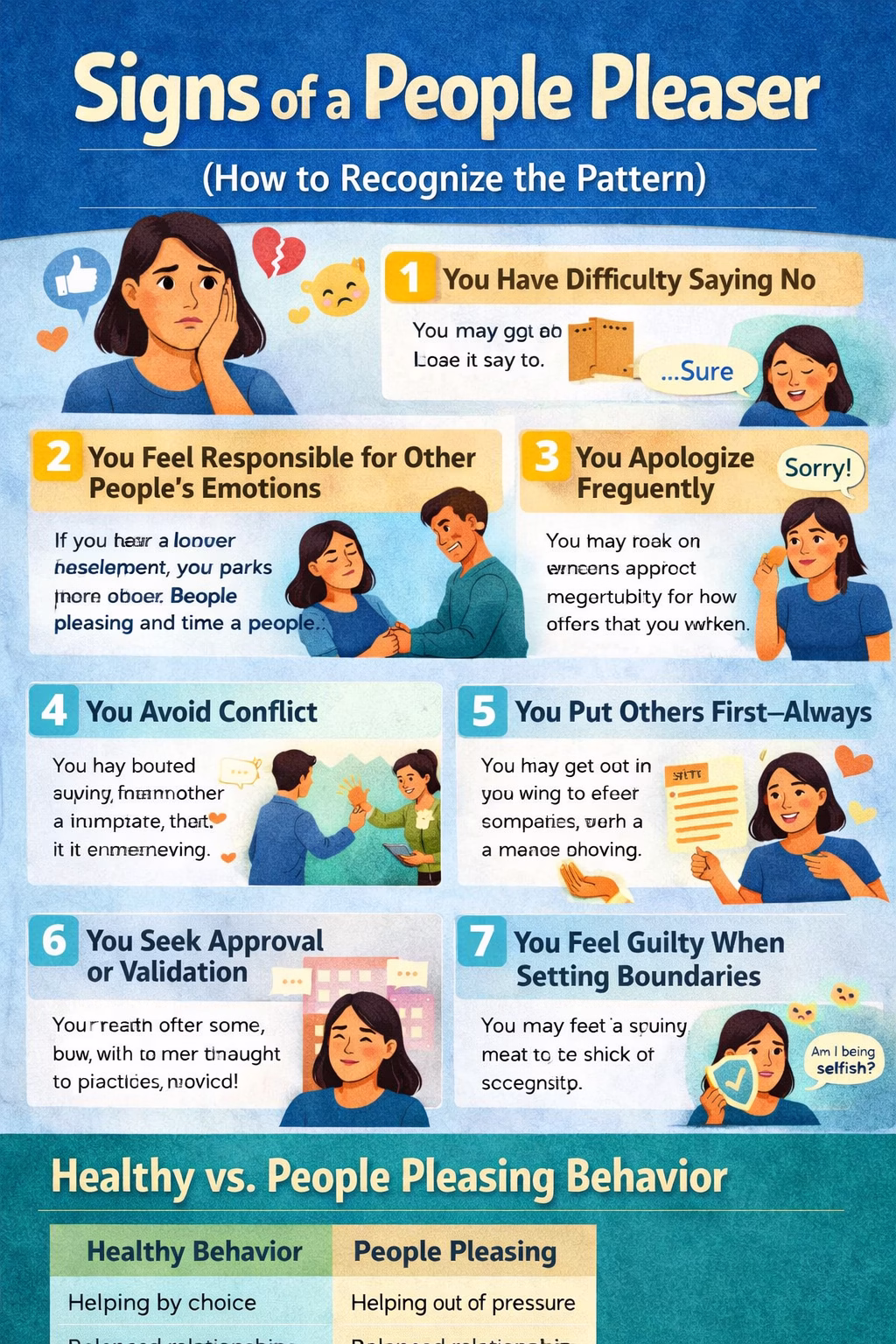 Signs of a people pleaser including difficulty saying no over apologizing and putting others first