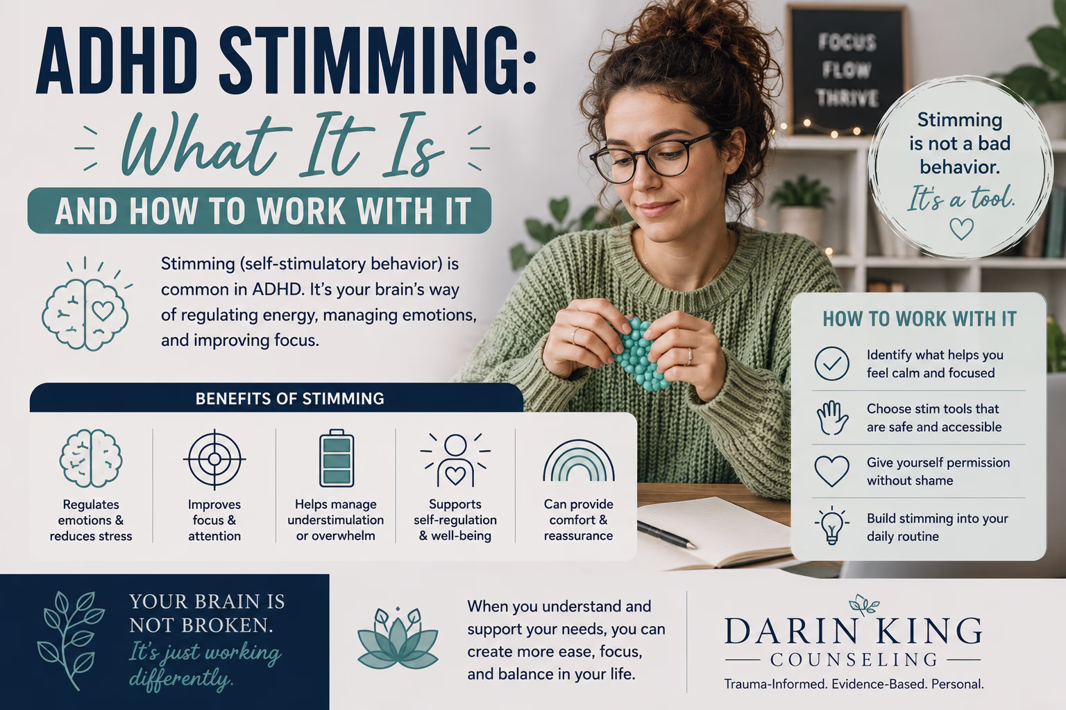 Adult using a sensory fidget tool to demonstrate ADHD stimming, showing how self-stimulatory behaviors can help regulate emotions, improve focus, and manage overwhelm.