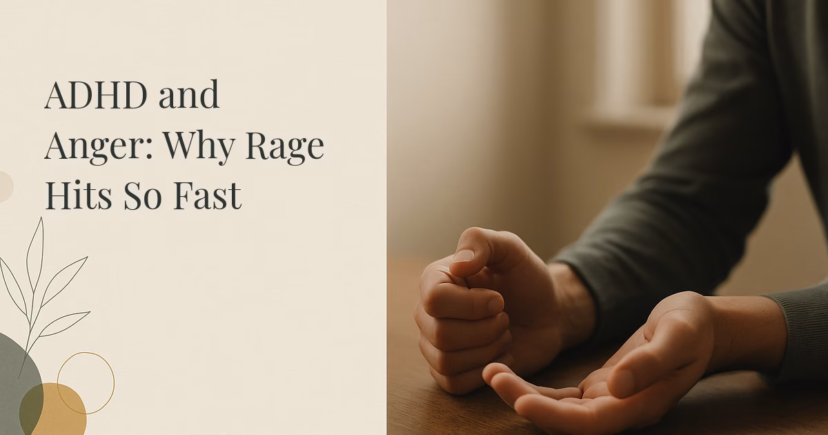 A person's hands on a table, one easing open from a fist, a moment of releasing the fast anger tied to ADHD.