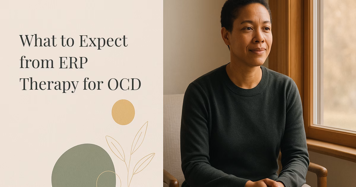 A woman sitting by a window with a calm, hopeful expression, looking forward as she considers ERP therapy for OCD.