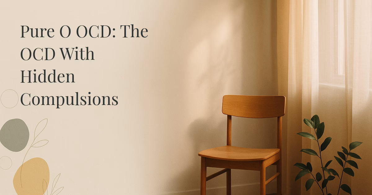 An empty wooden chair in a quiet room with soft light and leaf shadows, a still scene evoking the hidden inner world of Pure O OCD.