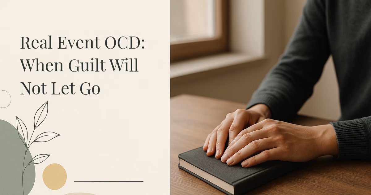 A person's hands resting on a closed journal at a table by a window, a pensive pause reflecting the rumination of real event OCD.