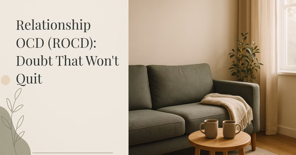 A cozy living room with a sofa and two mugs on a table, a calm domestic scene evoking relationship OCD.