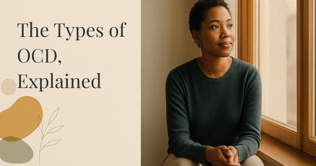 A woman by a window looking out thoughtfully, calm and reflective, representing the many types of OCD that share one structure.