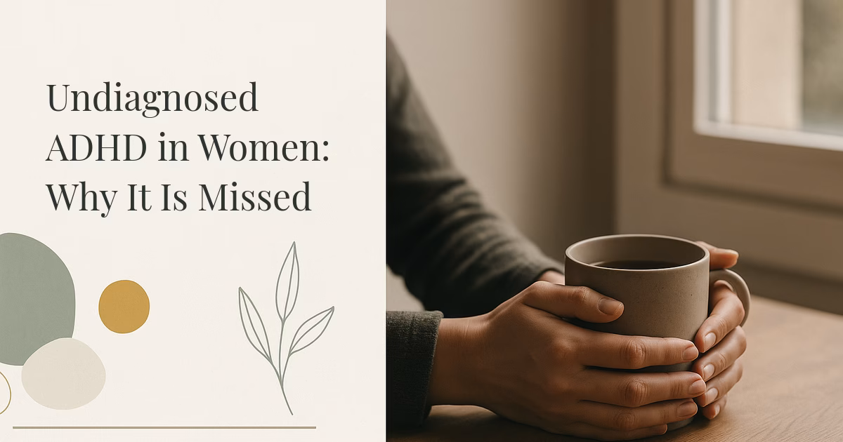A woman's hands cradling a warm mug of tea by a window, a reflective moment of recognizing undiagnosed ADHD in women.