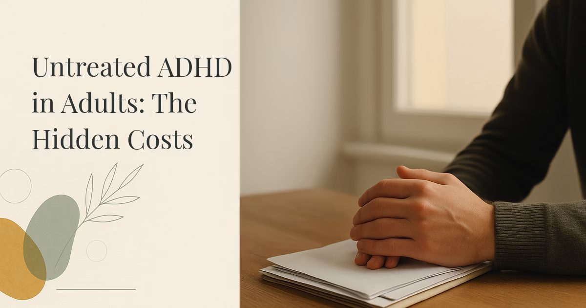A person's hands folded on a stack of papers at a desk by a window, evoking the quiet backlog of untreated ADHD in adults.